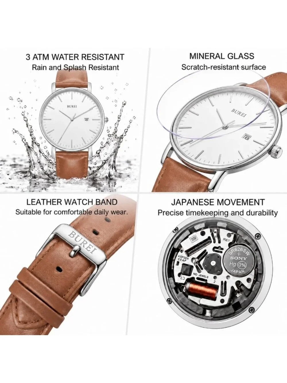 Men's Silver Brown Ultra Thin Minimalist Analog Waterproof Casual Wrist Watch